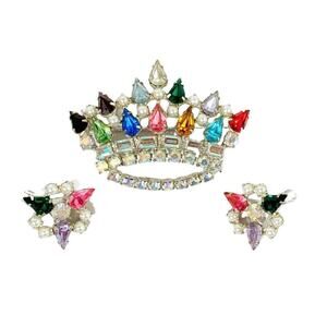 1950s Vtg B David Signed Crown Brooch & Clip on Earrings Rhinestone & Faux Pearl